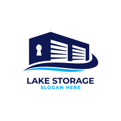 Lake with storage logo design template. Safe storage garage vector illustration. With concept of padlock and garage symbol combination.