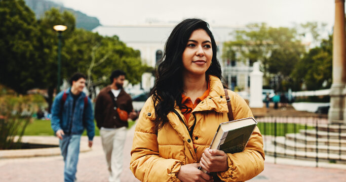 Outdoor, student and woman with book, thinking and education for skill development, learn or college. Future, reflection and person with scholarship for opportunity, vision and studies at university