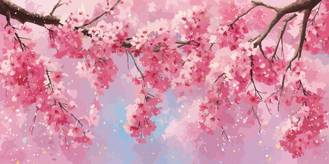 Fioritura primaverile di ciliegi in un cielo rosa e blu con petali che cadono dolcemente