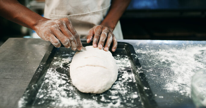 Person, hands and flour in bakery with dough for baking bread, cooking food and restaurant cuisine. Chef, powder and ingredients in kitchen with catering, meal prep and gluten free sourdough recipe.