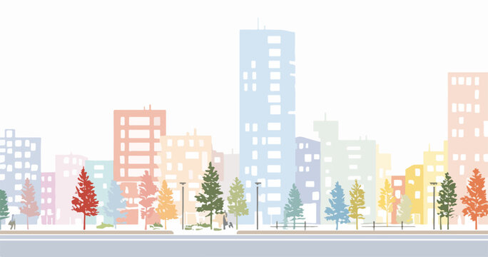 Illustrazione stilizzata di una citt&agrave; moderna con edifici colorati e alberi in primo piano.