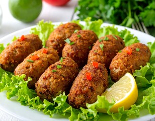 Close-up of eight delicious meatballs served on a bed of lettuce with lemon