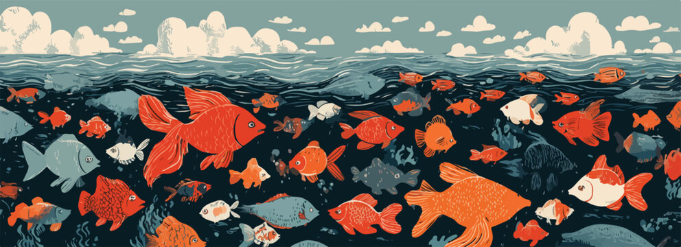 Un'illustrazione colorata di pesci di varie forme e dimensioni che nuotano in un mare blu scuro, con nuvole bianche sopra.