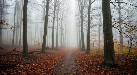 Misty forest trail through bare trees in autumn season landscape