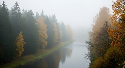 Misty river scene with autumn trees creating a tranquil natural environment