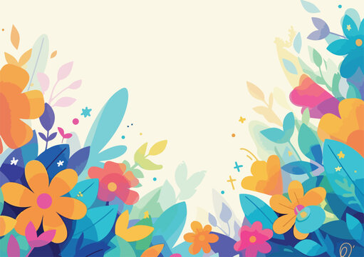 Un'illustrazione vettoriale vibrante di fiori colorati e foglie lussureggianti, ideale per sfondi creativi e design floreali.