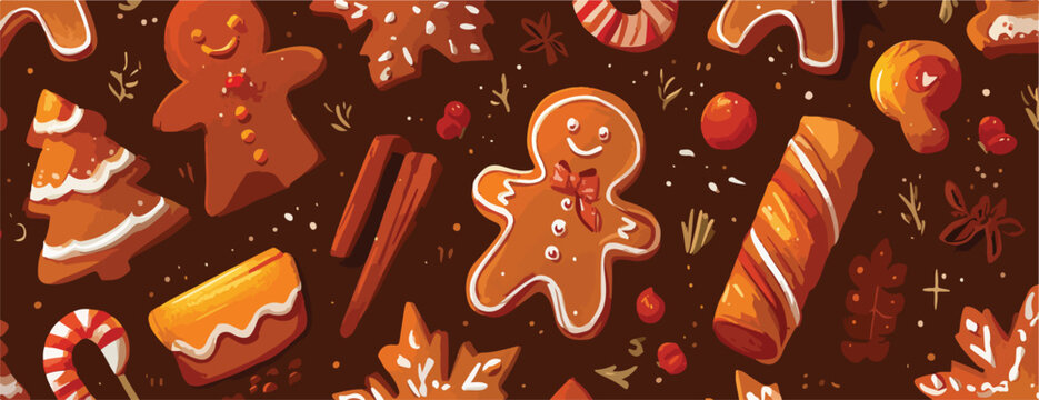 Un'illustrazione vettoriale festiva e deliziosa con biscotti di pan di zenzero, decorazioni natalizie e elementi dolci su sfondo scuro.
