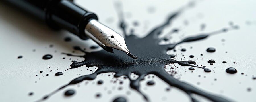 Close up of fountain pen nib dripping black ink onto white paper creating abstract splatter shapes. Writing tool rests on chaotic fluid blots symbolizing art and mess. - Powered by Adobe