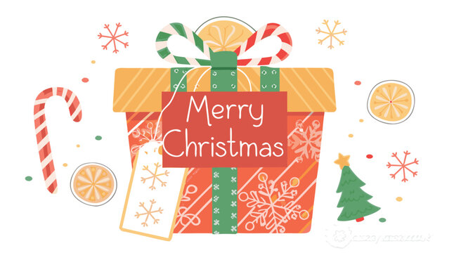 Festive merry christmas gift box with candy cane snowflakes oranges and a small christmas tree illustration