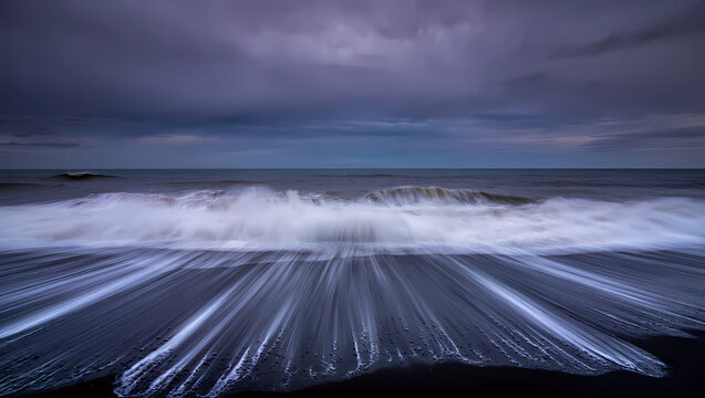 Long exposure of a powerful ocean wave on a black sand beach - Powered by Adobe