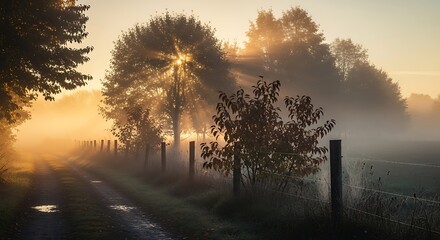 Misty sunrise landscape with trees and fence in golden light