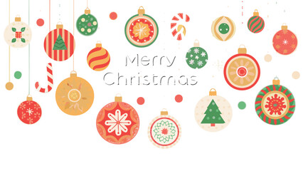 Festive merry christmas greeting with hanging ornaments and candy canes in a retro style