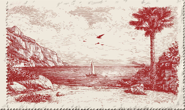 Incisione vintage di paesaggio marino tropicale con palma, barca a vela e scogliere, stile francobollo.