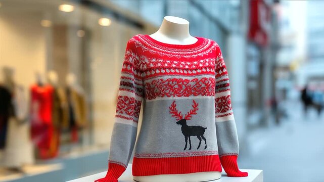 An 'Ugly Christmas Sweater' with a humorous reindeer design, shown flat lay or on a mannequin. Tacky, fun, retro style. blurred background, with copy space