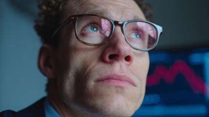 Pensive Caucasian man in glasses, pondering stock market volatility, captures essence of Financial Literacy Month's introspective chaos