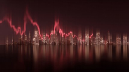 A crimson cityscape pulsates with stock market volatility, conjuring Financial Markets Day or World Savings Day reflections