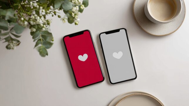 Romantic digital rendezvous, heart adorned phones on a serene morning, echoing Valborg night warmth and Singles Day solitude