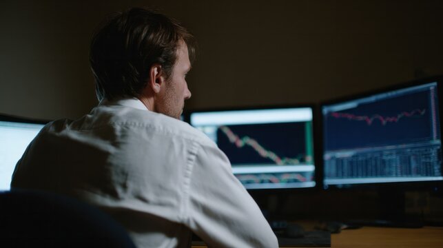Euro-American male analyst dives into nighttime stock charts, hinting at Fibonacci Day insights and quirky Pi Approximation Day musings