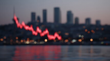 A blurred city skyline with neon zigzag, symbolizing economic fluctuation; urban mystique, futuristic festival of lights