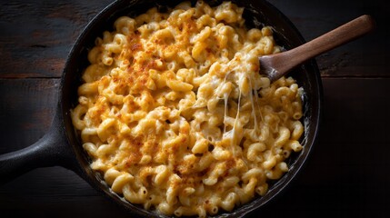 Creamy mac and cheese in rustic skillet, culinary nostalgia, comforting autumn festival delight, celebration of rich, cheesy indulgence