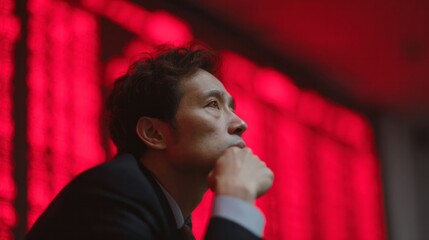 Pensive Asian male contemplates glowing financial ripple in modern red backdrop, evoking Lunar New Year stock market anticipation