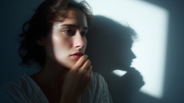 A pensive Caucasian woman bathed in chiaroscuro shadows, introspective solitude, savasana contemplation, Winter Solstice reflectiveness, enigmatic silence