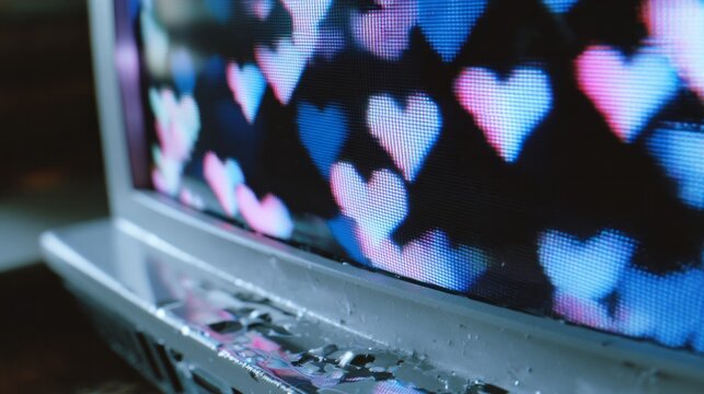 Splintered TV screen glows with pixelated heart bokeh, cyber Valentine's Day, digital nostalgia of bygone connections, glitch art