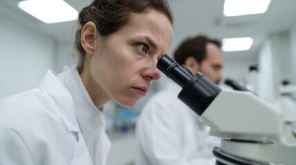```markdownIntense Caucasian female scientist in white lab coat peers into microscope, unraveling Nano Day mysteries and micro-universes```