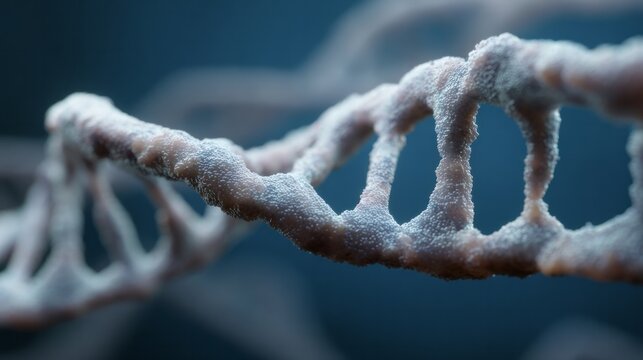 Snow-dusted DNA helix, molecular winter wonderland, evolutionary mysteries unfold, World DNA Day, biogenetic frost artistry - Powered by Adobe