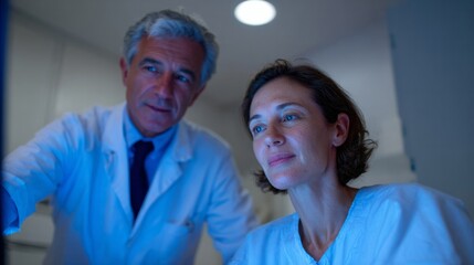 Two Caucasian doctors, man and woman, engrossed in digital charts under calming blue light, echoing World Health Day innovation