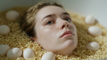 A young Caucasian woman's serene face juxtaposed with eggs and noodles, evoking Noodlefest and World Egg Day