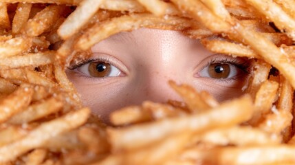 Brown-eyed mystery framed by crispy fries, whimsical nod to Potato Day, culinary surrealism, hidden gaze storytelling