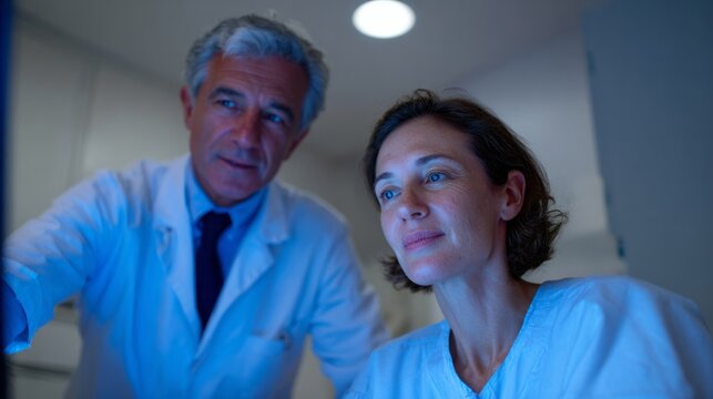 Two Caucasian doctors, man and woman, engrossed in digital charts under calming blue light, echoing World Health Day innovation - Powered by Adobe