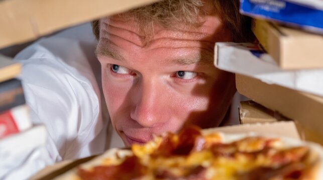Sneaky feast adventure, a curious Caucasian man peeks through pizza boxes, channeling Halloween midnight munchies and Pi Day revelry