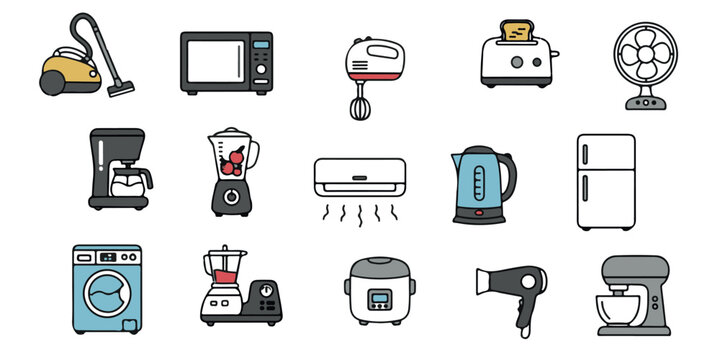 A collection of colorful vector icons representing various household appliances on a white background.