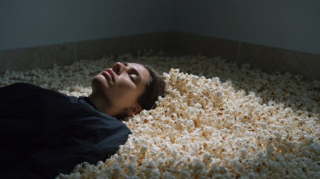 Sleeping woman immersed in surreal popcorn sea, whimsical dreamscape nodding to Popcorn Lovers Day, cinematic daydream ambiance