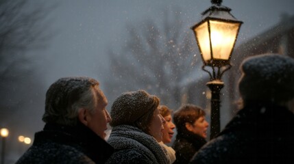 Snow-dusted lantern illuminates joyful carolers, celebrating Winter Solstice; diverse voices harmonize amid twinkling stars, cozy nostalgia