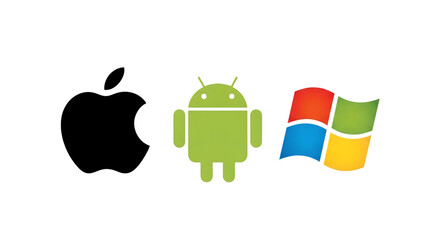 Iconic android robot and windows logo side by side representing operating system competition isolated on white background
