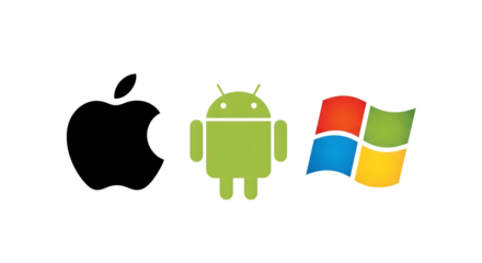 Iconic android robot and windows logo side by side representing operating system competition isolated on white background