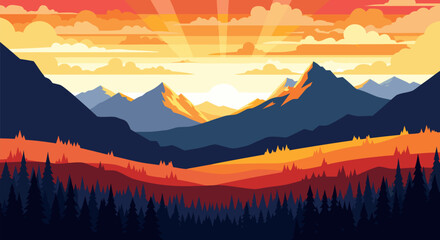 A breathtaking panoramic flat design illustration of a vibrant mountain landscape at sunrise, with layered peaks and a dense forest bathed in warm, golden light and dramatic sun rays