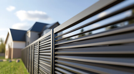 Modern metal fence with sleek horizontal lines, backyard boundary, house in the background, and blue sky. Enhancing property aesthetics with a contemporary design.