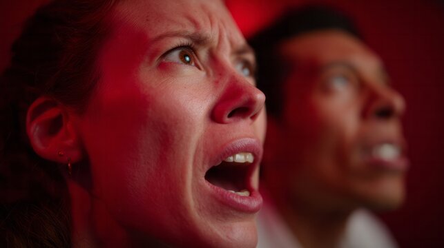 Intense expressions of awe, Caucasian woman and Hispanic man captivated by cosmic spectacle, echoing Nordic Ragnarok anticipation
