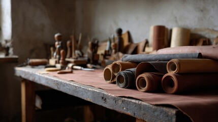 Rolls of sumptuous leather unfurl across a rustic artisan's table, echoing the warmth of Artisan's Day and Shichi-Go-San