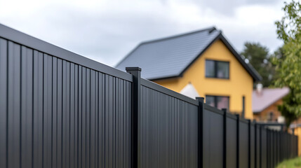 Modern grey fence surrounding a property with house in the background. Provides privacy and security while complementing the suburban landscape on an overcast day.
