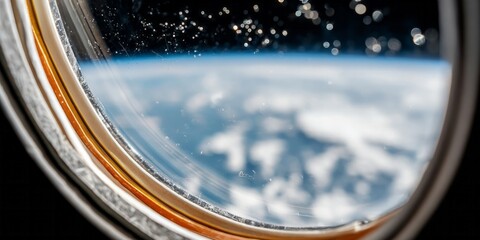 Window framed cosmic vista, ethereal stardust, Earth Day contemplation, celestial travel dreams, orbit's serene gaze beyond imagination