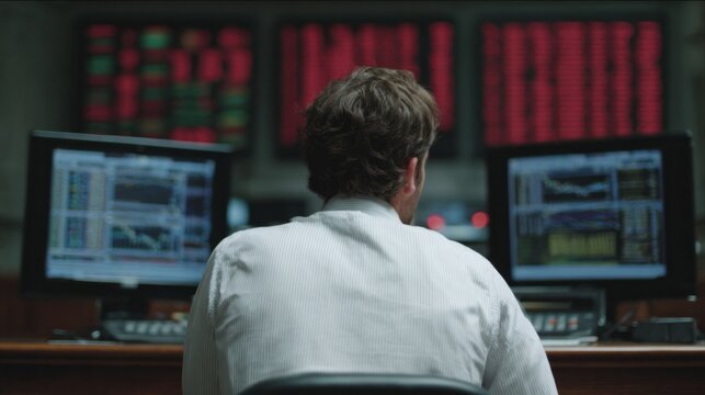 A focused Caucasian male analyzing a glowing stock market, embodying Global Entrepreneurship Week energy with an enigmatic screen-lit ambiance