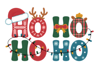 Ho ho ho text with christmas decorations and string lights isolated on transparent background