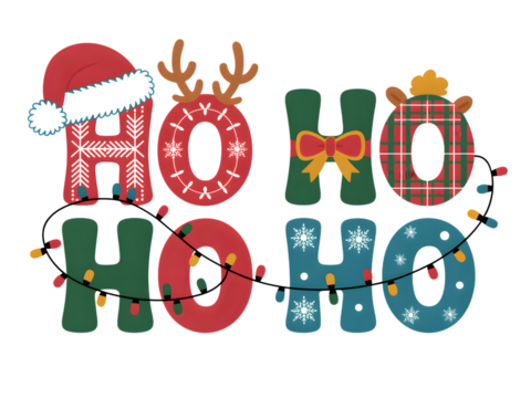 Ho ho ho text with christmas decorations and string lights isolated on transparent background