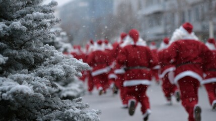 Flurry of Santas racing through snowy streets; whimsical yuletide marathon, celebrating Winter Solstice and St Nicholas Day