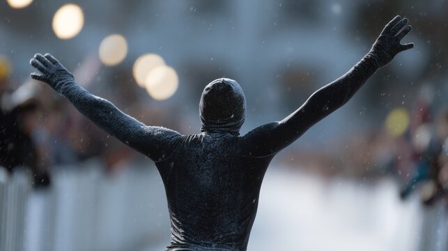 Triumphant figure soaked in artificial starlight, echoing cosmic marathons and celebrating Starman Day, enigmatic metallic embrace